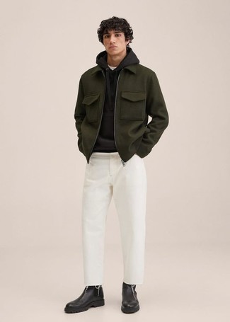 Men's Black Leather Chelsea Boots, White Jeans, Black Hoodie, Dark Green Harrington Jacket