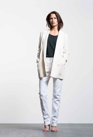Women's Beige Leather Heeled Sandals, White Jeans, Charcoal Crew-neck T-shirt, White Double Breasted Blazer