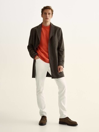 Men's Dark Brown Suede Desert Boots, White Jeans, Orange Crew-neck Sweater, Dark Brown Overcoat