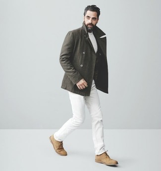 Men's Tan Suede Desert Boots, White Jeans, White Cable Sweater, Dark Green Pea Coat