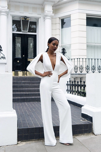 Gold Leather Heeled Sandals Outfits: No matter where you find yourself over the course of the day, you can always rely on this laid-back combination of a white jumpsuit. If you want to break out of the mold a little, complement your ensemble with gold leather heeled sandals.