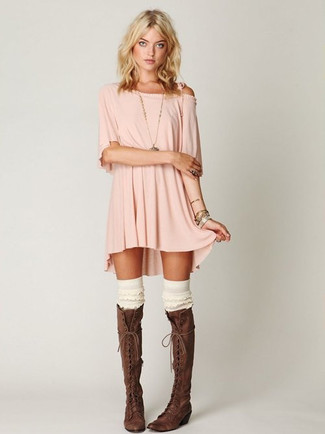 Women's White Knee High Socks, Dark Brown Leather Knee High Boots, Pink Casual Dress