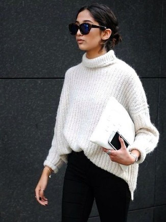 Lace Up Ribbed Knit Turtleneck Sweater Ivory