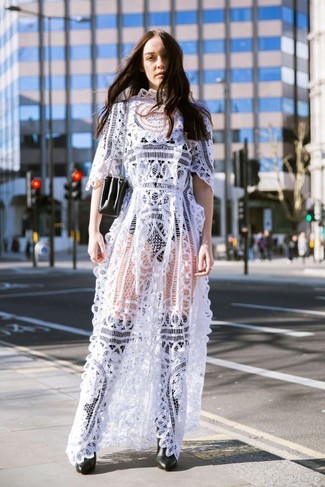 Women's White Lace Maxi Dress, Black Leather Over The Knee Boots, Black Leather Crossbody Bag