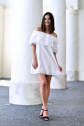 White Lace Off Shoulder Dress Outfits: For an outfit that's very straightforward but can be flaunted in a myriad of different ways, reach for a white lace off shoulder dress. Finishing with black suede heeled sandals is a fail-safe way to bring a little depth to this outfit.