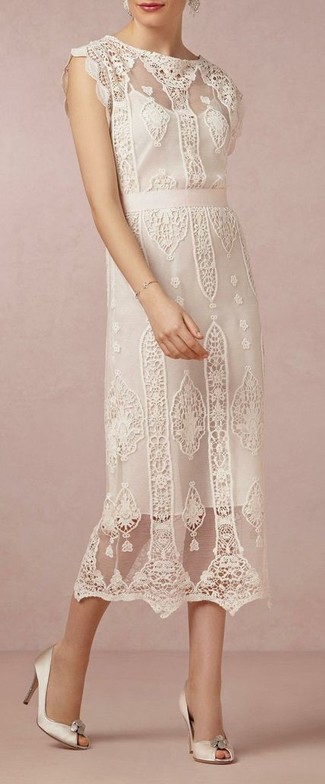 Women's White Lace Sheath Dress, Beige Satin Pumps