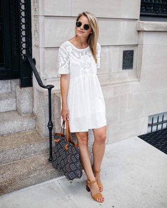 White Lace Shift Dress Outfits: The go-to for a neat and refined look? A white lace shift dress. When not sure about what to wear in the footwear department, go with a pair of tan suede heeled sandals.