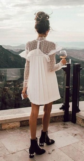 Tall Swing Dress With Cold Shoulder And Flared Sleeve And Lace Trim