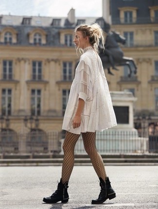 Women's White Lace Swing Dress, Black Studded Leather Lace-up Flat Boots, Black Fishnet Tights