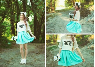Women's White Headband, White Leather Lace-up Ankle Boots, Mint Skater Skirt, White and Black Print Crew-neck T-shirt