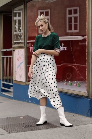 White and Black Polka Dot Midi Skirt Outfits: 