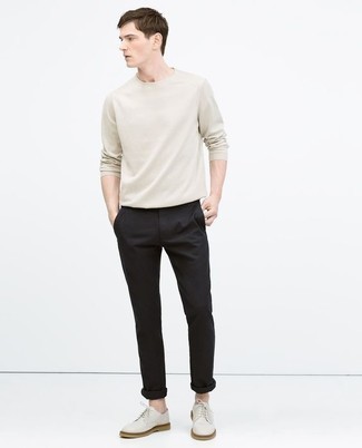 Tan Long Sleeve T-Shirt Outfits For Men: 