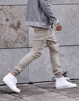 White and Red Leather High Top Sneakers Outfits For Men: 