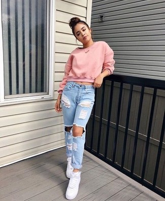 Women's White Leather High Top Sneakers, Light Blue Ripped Boyfriend Jeans, Pink Cropped Sweater