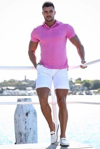 Men's White Leather Loafers, White Shorts, Hot Pink Polo