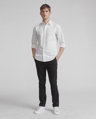 Men's White Leather Low Top Sneakers, Black Chinos, White Long Sleeve Shirt