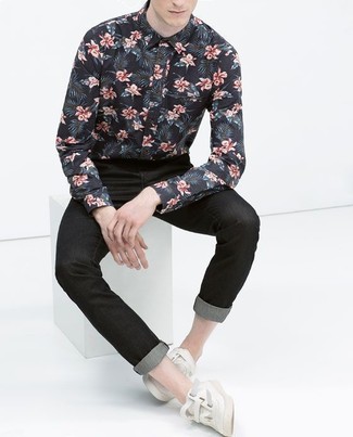 Black and White Floral Dress Shirt Outfits For Men: 