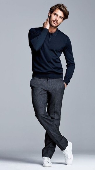 Blue Polo Neck Sweater Outfits For Men: 