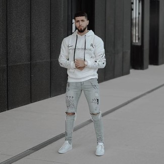 White Print Hoodie Outfits For Men: 