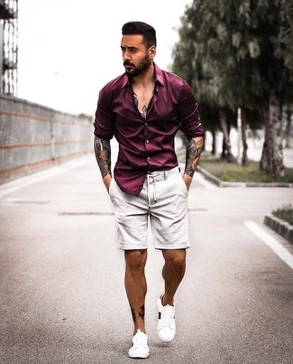 Men's White Leather Low Top Sneakers, White Shorts, Purple Long Sleeve Shirt