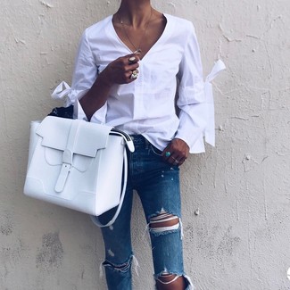 Women's White Leather Satchel Bag, Blue Ripped Jeans, White Long Sleeve Blouse