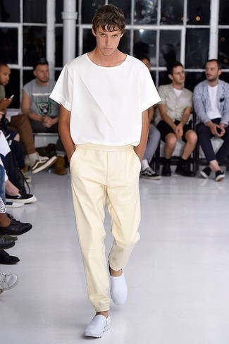 Men's White Leather Slip-on Sneakers, Yellow Sweatpants, White Crew-neck T-shirt