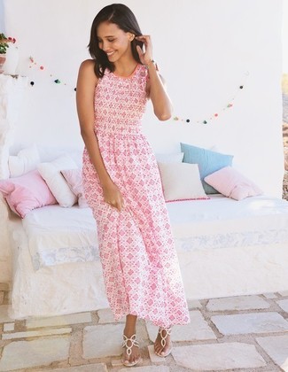 White and Pink Print Maxi Dress Outfits: 