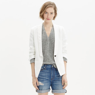Women's White Linen Blazer, Grey V-neck Sweater, Blue Ripped Denim Shorts