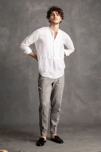 White Linen Long Sleeve Shirt Outfits For Men: A white linen long sleeve shirt and grey linen chinos are the perfect way to infuse effortless cool into your off-duty styling arsenal. Add a pair of black leather loafers to the equation to instantly jazz up the look.
