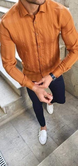 Yellow Vertical Striped Long Sleeve Shirt Outfits For Men: 