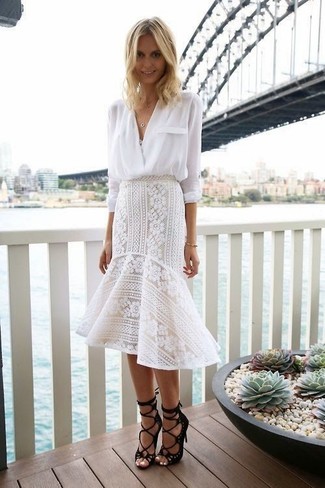 Simone Tiered Crocheted Lace Midi Skirt Off White