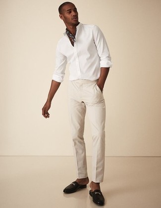 Men's White Long Sleeve Shirt, Beige Chinos, Black Leather Loafers, Black and White Bandana