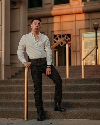 Black Check Chinos Outfits: Want to inject your closet with some elegant cool? Rock a white long sleeve shirt with black check chinos. Black leather chelsea boots are a surefire way to inject an extra touch of style into your look.