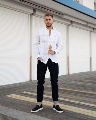 White Check Long Sleeve Shirt Outfits For Men: A white check long sleeve shirt looks so casually cool when worn with black jeans. For something more on the classy side to round off your ensemble, complete this look with black suede loafers.