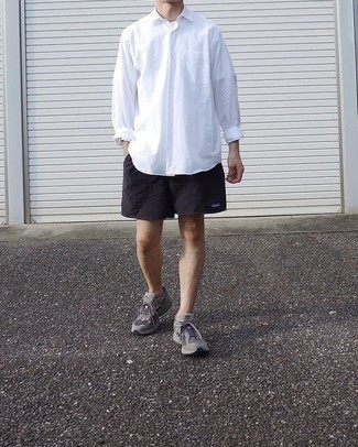 Men's White Long Sleeve Shirt, Black Sports Shorts, Grey Athletic Shoes