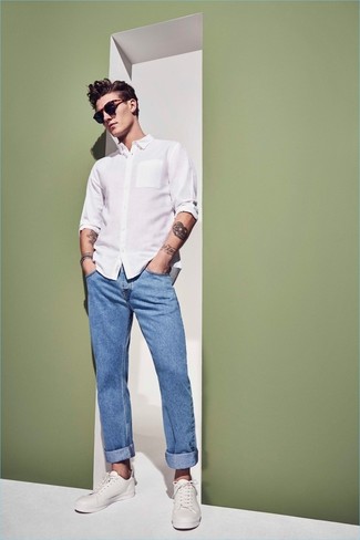Men's White Long Sleeve Shirt, Blue Jeans, White Leather Low Top Sneakers
