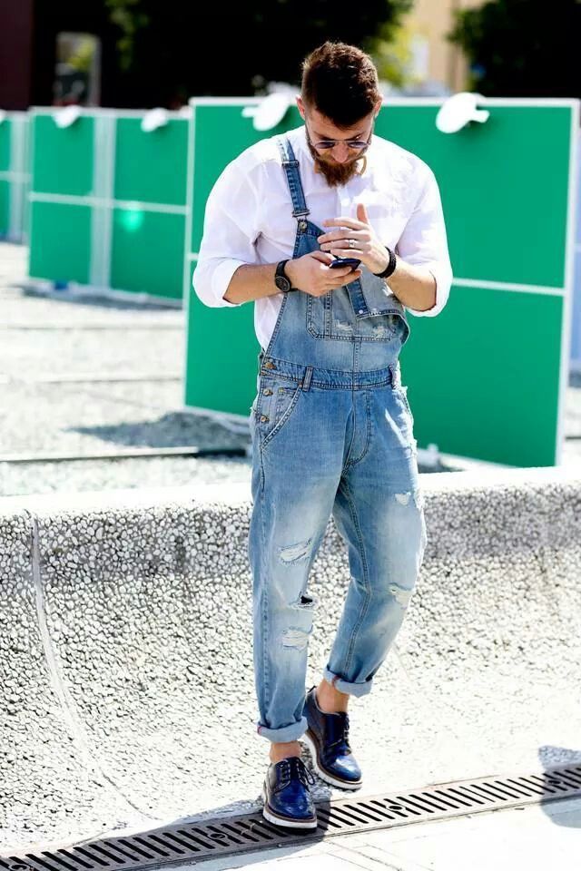 Men's White Long Sleeve Shirt, Blue Denim Overalls, Blue Leather Derby  Shoes, Black Rubber Watch | Lookastic