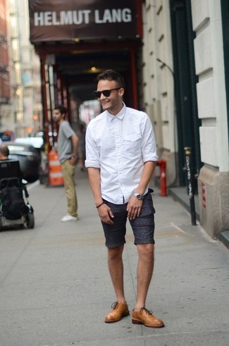 Men's White Long Sleeve Shirt, Charcoal Print Shorts, Tan Leather Oxford Shoes