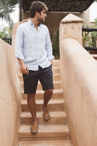 Charcoal Shorts Outfits For Men: Why not try pairing a white long sleeve shirt with charcoal shorts? As well as totally comfortable, both of these pieces look amazing paired together. Let your styling prowess really shine by complementing this getup with a pair of tan leather espadrilles.