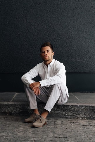 White Long Sleeve Shirt Outfits For Men: Why not reach for a white long sleeve shirt and grey chinos? As well as super functional, these items look awesome when worn together. Want to break out of the mold? Then why not introduce brown suede derby shoes to your getup?