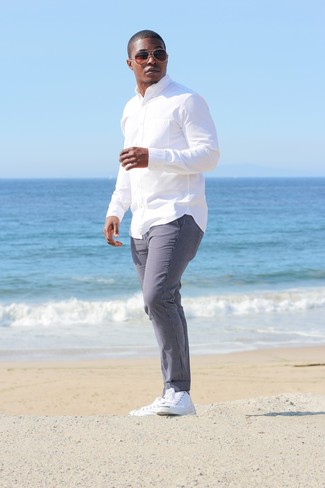 Men's White Long Sleeve Shirt, Grey Chinos, White Canvas Low Top Sneakers