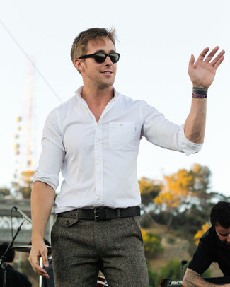 Ryan Gosling wearing White Long Sleeve Shirt, Grey Wool Dress Pants, Black Leather Belt, Black Sunglasses