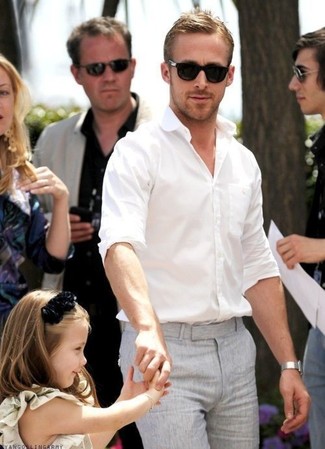 Ryan Gosling wearing White Long Sleeve Shirt, Grey Dress Pants