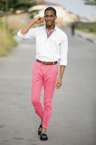 Brown Woven Leather Belt with Hot Pink Pants Outfits For Men In Their 20s  (2 ideas & outfits)