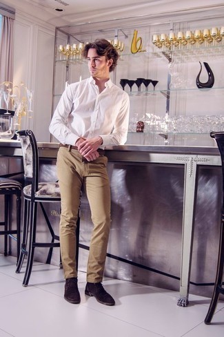 Men's White Long Sleeve Shirt, Khaki Chinos, Dark Brown Suede Casual Boots, Brown Suede Belt
