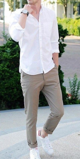 Men's White Long Sleeve Shirt, Khaki Chinos, White Leather Low Top Sneakers, Navy and White Canvas Watch