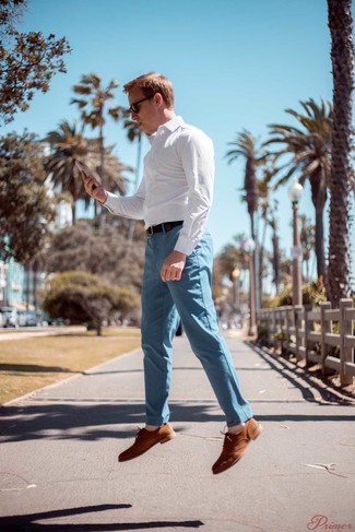 Men's White Check Long Sleeve Shirt, Light Blue Chinos, Tan Suede Oxford Shoes, Dark Brown Leather Belt