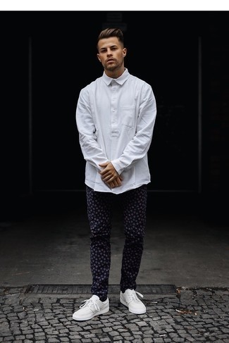 Men's White Long Sleeve Shirt, Navy Floral Chinos, Grey Canvas Low Top Sneakers, Black Socks
