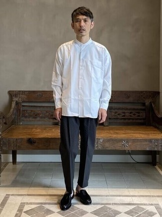Men's White Long Sleeve Shirt, Navy Vertical Striped Seersucker Chinos, Black Leather Loafers