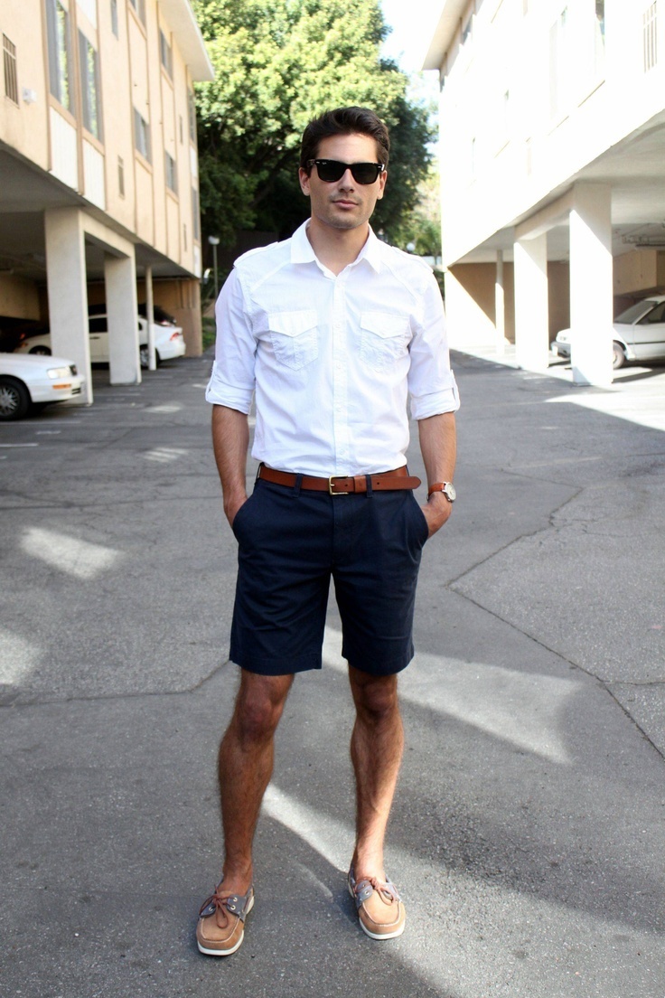 Men's White Long Sleeve Shirt, Navy Shorts, Brown Leather Boat Shoes ...
